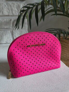 Michael Kors Hot Pink Perforated Saffiano Leather Cosmetic / Makeup Bag